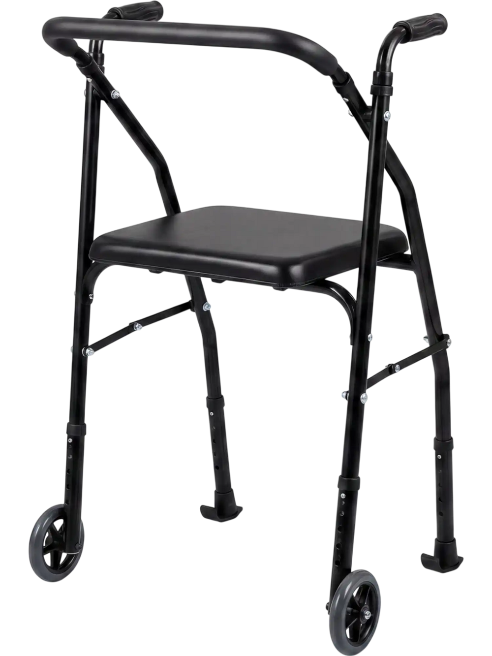 Lightweight aluminum mobility walker featuring a sturdy H-shaped frame, padded seat, and smooth-rolling wheels for.