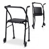 Lightweight aluminum mobility walker with padded seat, 2 wheels, and 5-level adjustable height for seniors' comfort.