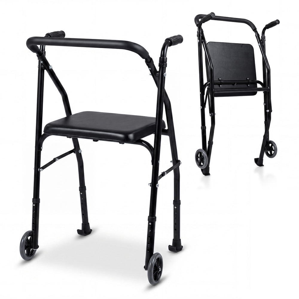Lightweight aluminum mobility walker with padded seat, 2 wheels, and 5-level adjustable height for seniors' comfort.