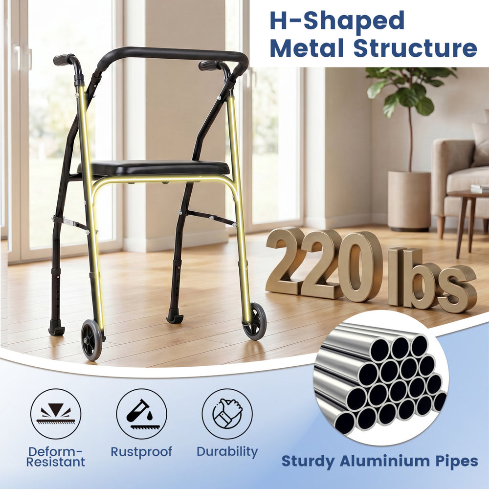 Lightweight aluminum mobility walker with padded seat, H-shaped structure, and 2 wheels for seniors' support and.