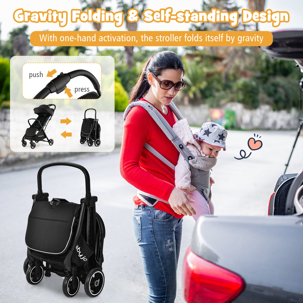 Lightweight baby stroller with one-hand folding design, perfect for airplane travel and easy storage.