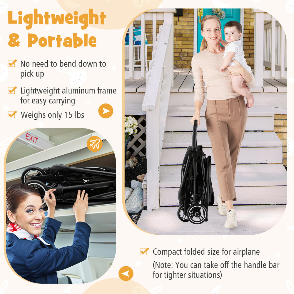 Lightweight baby stroller with a compact fold, adjustable backrest, and sun canopy, perfect for airplane travel.