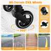Close-up of all-terrain EVA wheels on a lightweight baby stroller, featuring a shock-absorbing spring design for smooth.