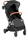 Lightweight black baby stroller with adjustable canopy, one-hand folding design, and peek-a-boo window for easy travel.