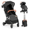 Lightweight black baby stroller with adjustable canopy, one-hand folding, and peek-a-boo window for easy travel.
