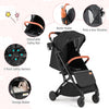 Lightweight black baby stroller with adjustable canopy, 5-point harness, and convenient bottle holder for easy travel.