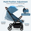 Lightweight blue baby stroller features a 3-position adjustable canopy and backrest for customized comfort on the go.