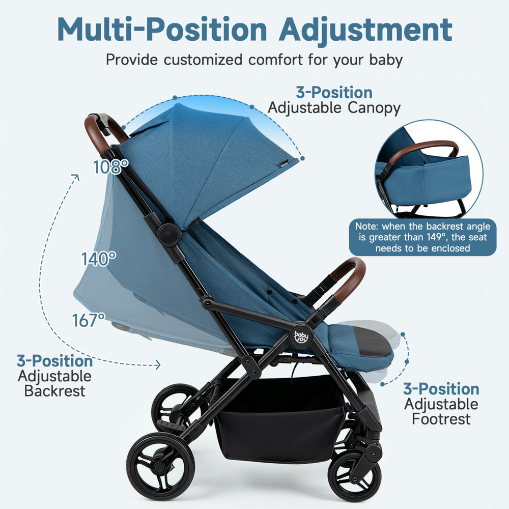 Lightweight blue baby stroller features a 3-position adjustable canopy and backrest for customized comfort on the go.