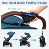 Lightweight baby stroller in blue features one-hand folding, adjustable canopy, and multi-position backrest for toddlers.