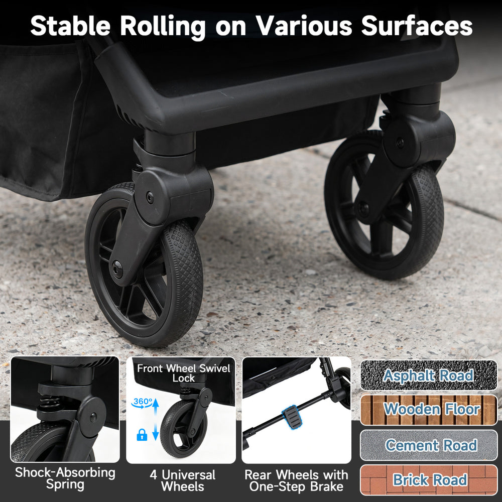 Lightweight baby stroller with shock-absorbing wheels and adjustable canopy, ideal for various surfaces like asphalt and wood.