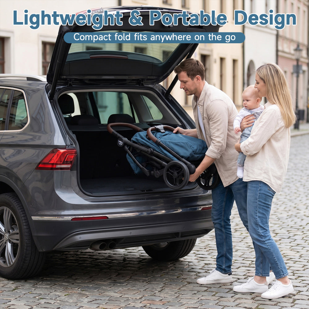 Lightweight blue baby stroller with one-hand folding, adjustable canopy, and multi-position backrest for toddlers.