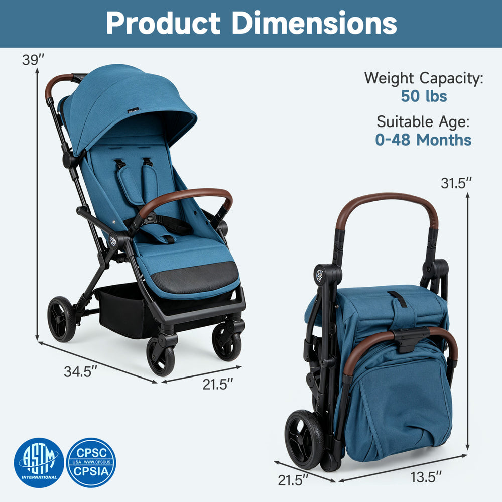 Lightweight blue baby stroller features one-hand folding, adjustable canopy, and multi-position backrest for toddlers.