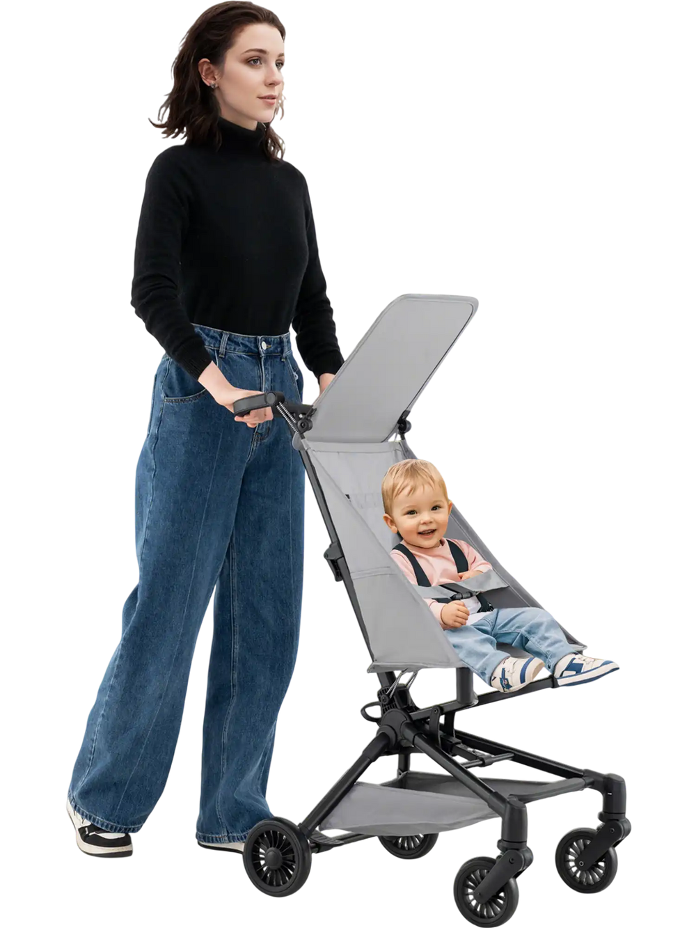 Lightweight gray baby stroller with adjustable canopy, compact design, and easy fold for travel convenience.