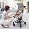 Lightweight gray baby stroller with adjustable canopy, compact design, and safety harness, perfect for travel.