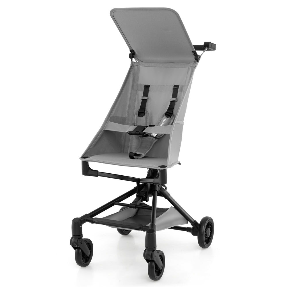 Lightweight gray baby stroller with adjustable canopy, compact design, and safety harness for travel convenience.