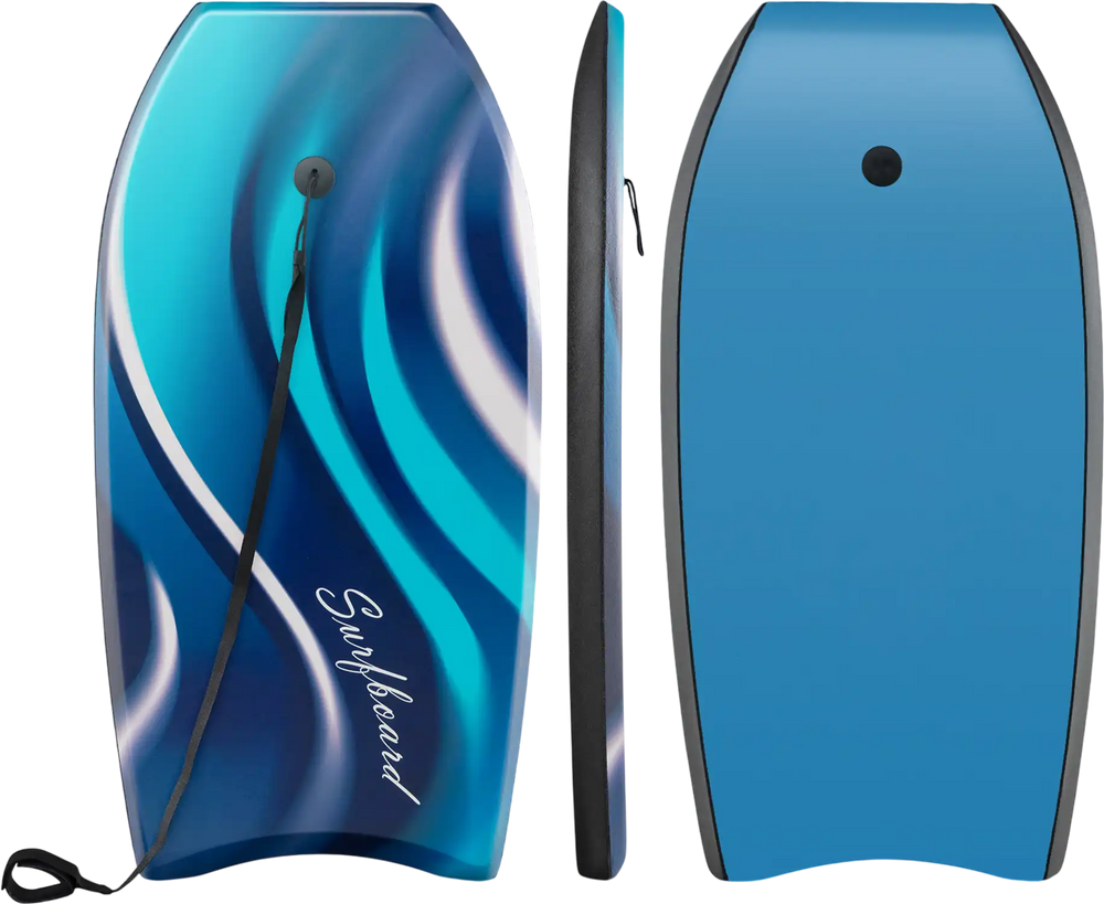 Lightweight body board featuring a blue design, XPE deck, and EPS core, perfect for beach and pool activities.