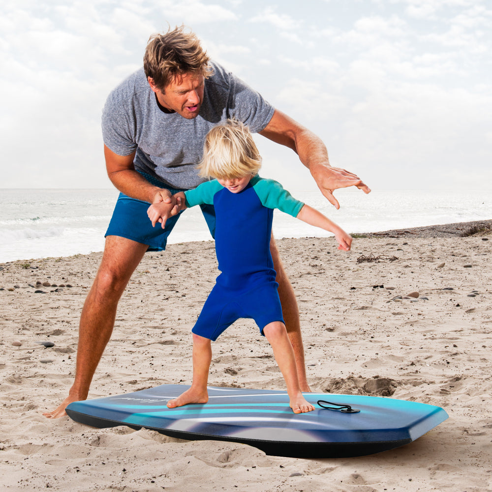 Lightweight body board with EPS core and XPE deck, perfect for kids and adults enjoying beach activities.