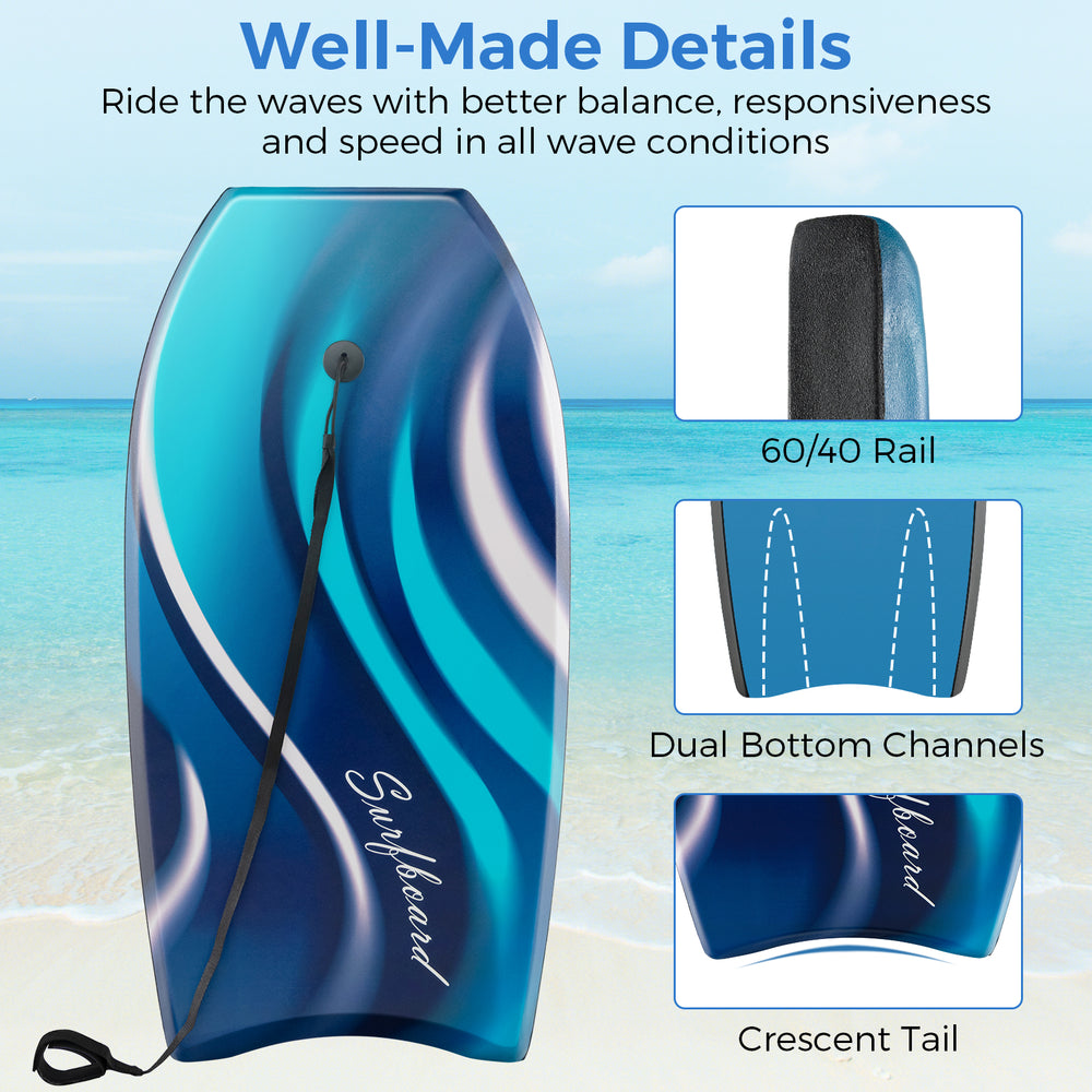 Lightweight body board with a crescent tail and HDPE bottom, designed for speed and control, perfect for beach fun.