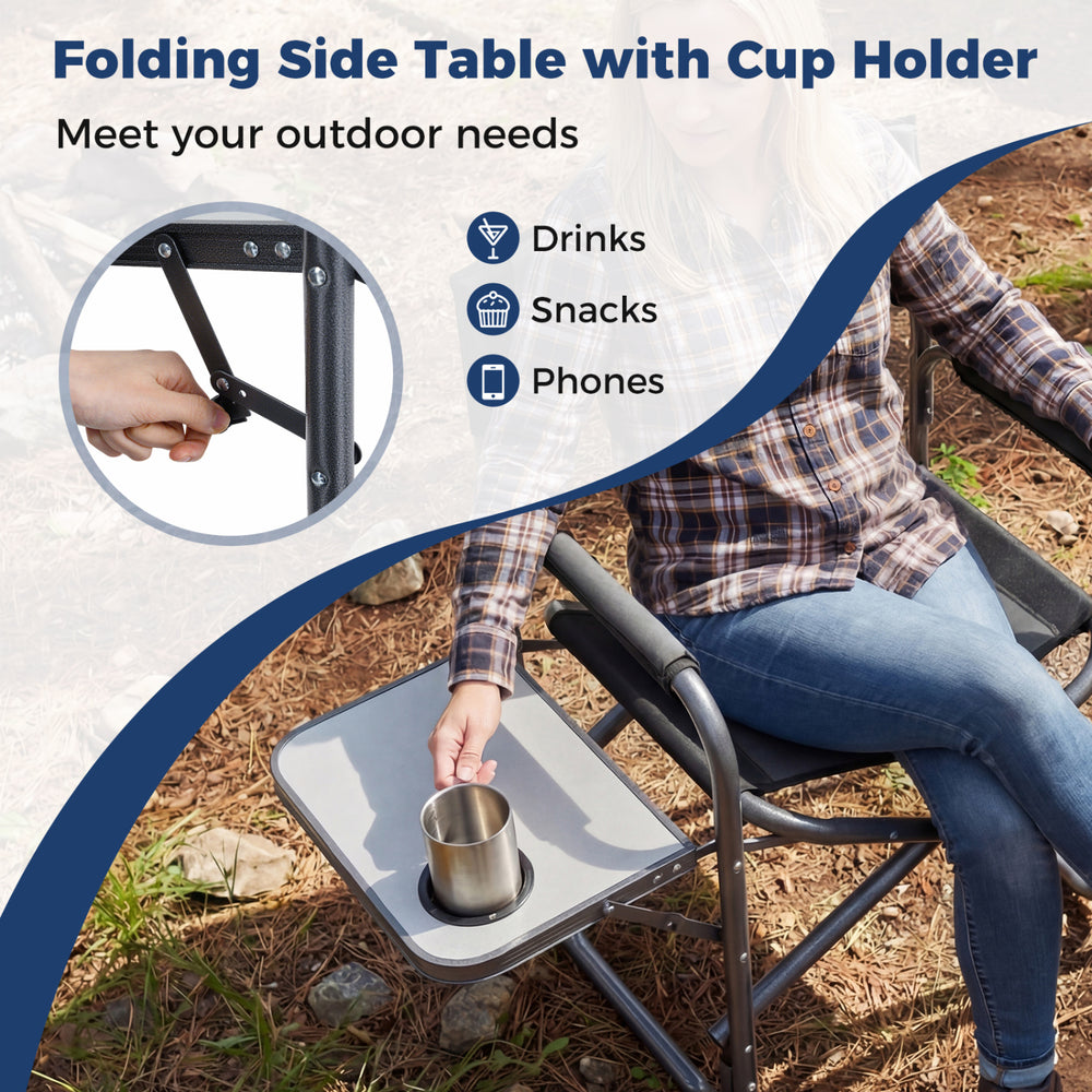 Lightweight folding camping chair with side table and cup holder, featuring a durable metal frame and soft EVA foam for.