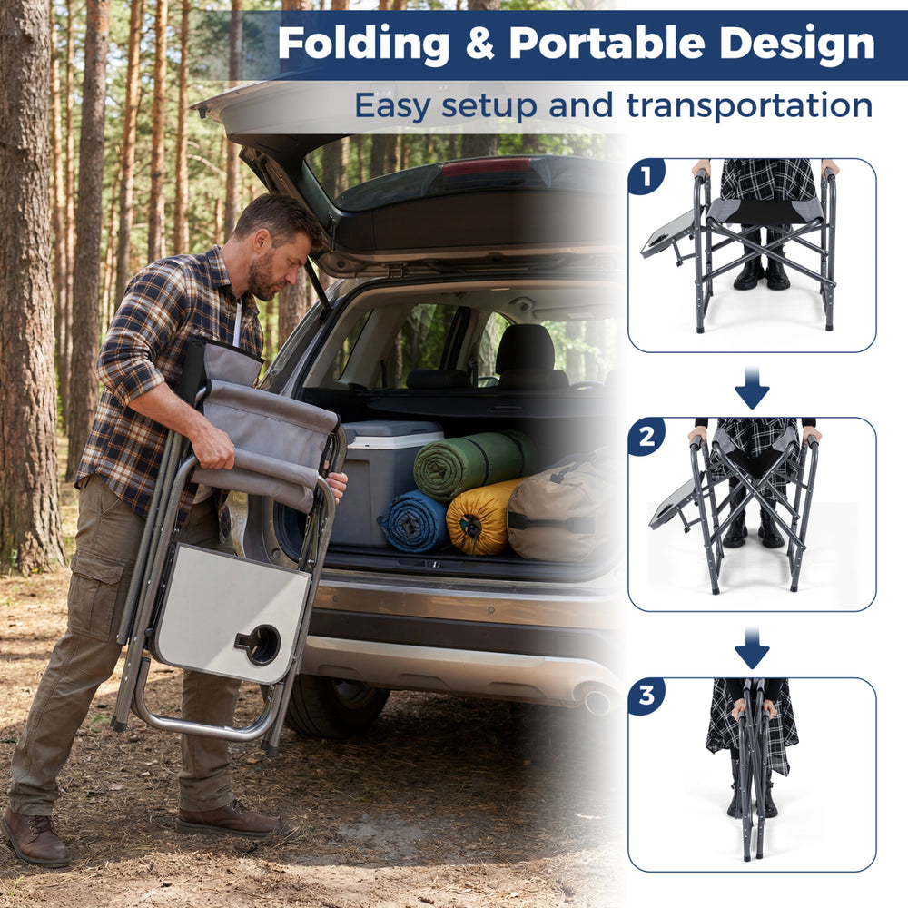 Lightweight folding camping chair with side table, featuring a high-strength frame and portable design for easy.