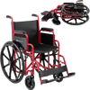 Lightweight red folding wheelchair with swing-away footrests and desk arms, designed for easy transport and comfort.