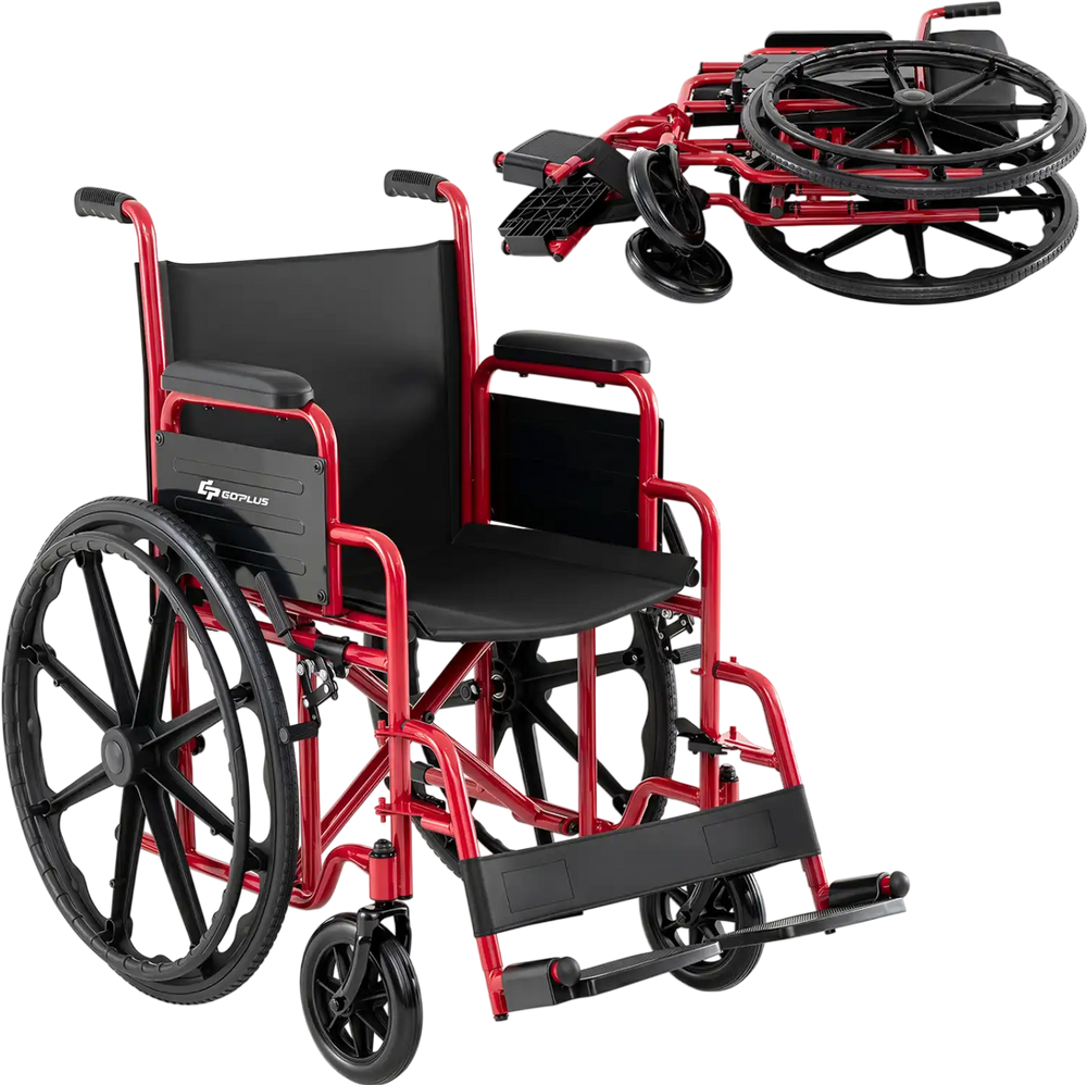 Lightweight red folding wheelchair with swing-away footrests and desk arms, designed for easy transport and comfort.