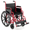 Lightweight red folding wheelchair with swing-away footrests and desk-length arms for easy transport and comfort.