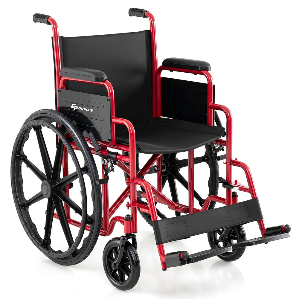 Lightweight red folding wheelchair with swing-away footrests and desk-length arms for easy transport and comfort.