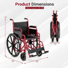 Lightweight folding wheelchair in red with swing-away footrests, designed for easy transport and 330 lbs capacity.