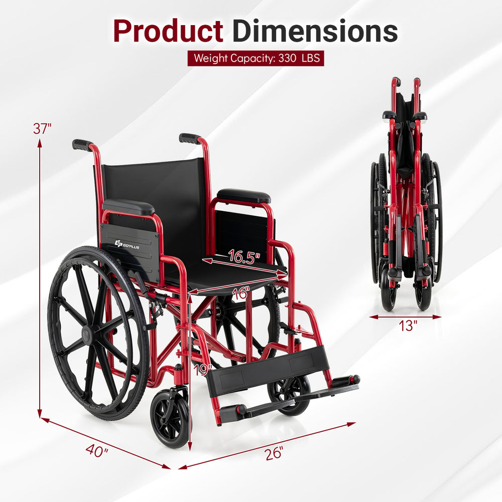 Lightweight folding wheelchair in red with swing-away footrests, designed for easy transport and 330 lbs capacity.