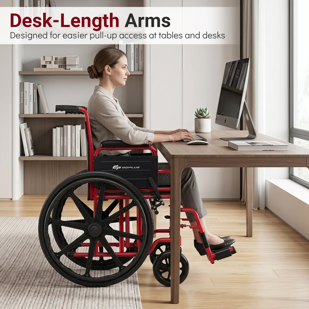 Lightweight folding wheelchair with desk-length arms, swing-away footrest, and durable carbon steel frame for easy access.