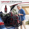 Lightweight folding wheelchair in red features swing-away footrests, desk-length arms, and compact design for easy transport.