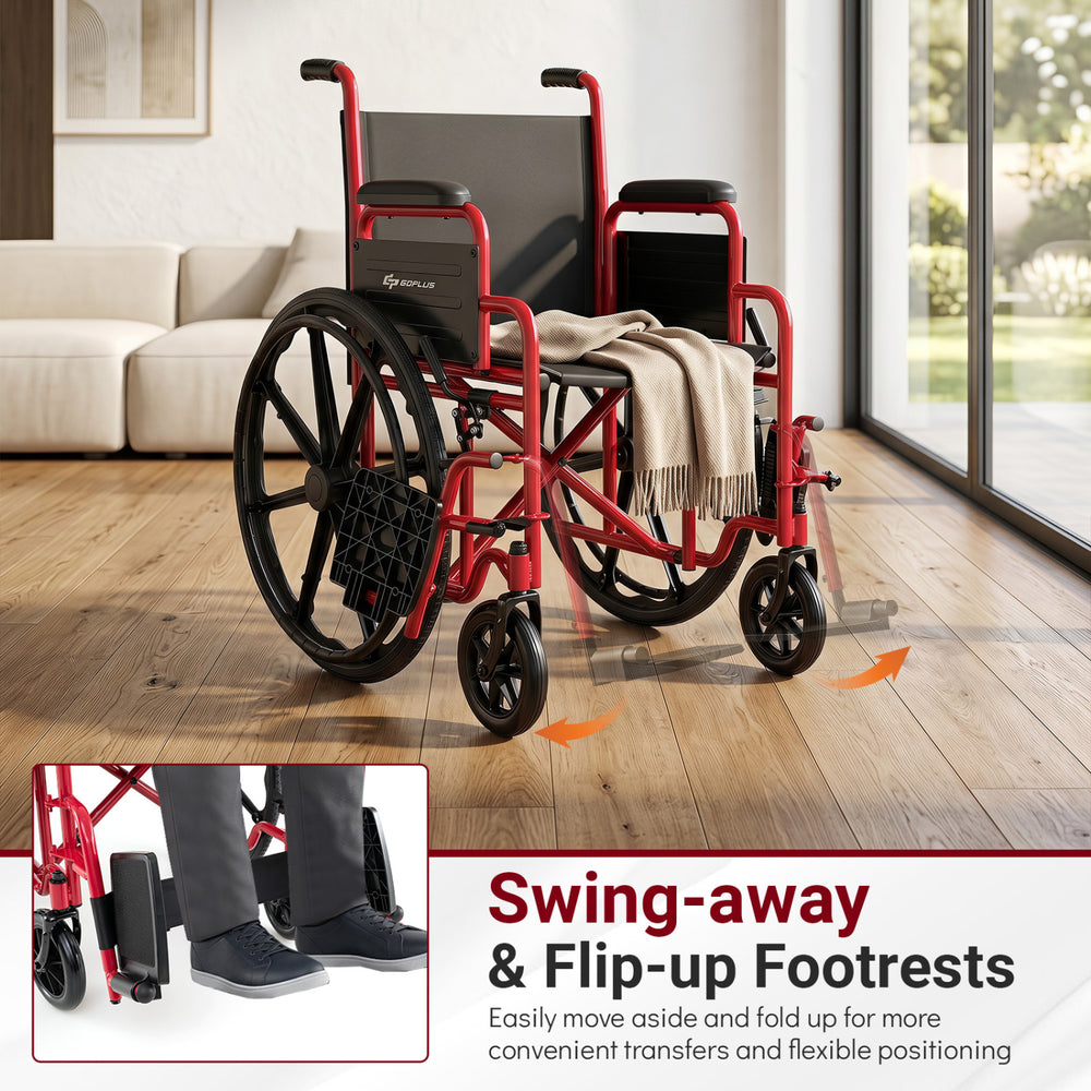 Lightweight red folding wheelchair features swing-away and flip-up footrests for easy transfers and flexible positioning.
