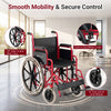 Lightweight red folding wheelchair features swing-away footrests, desk-length arms, and large rear tires for smooth mobility.