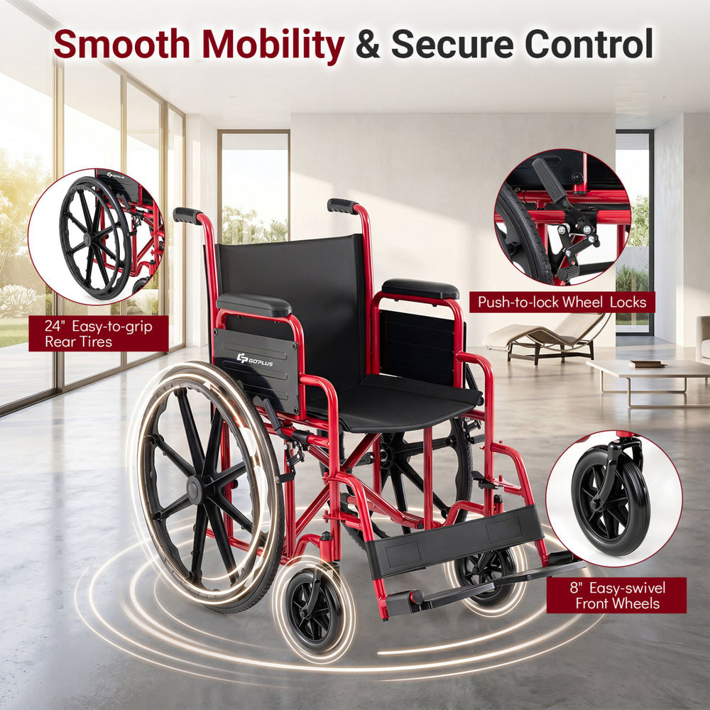 Lightweight red folding wheelchair features swing-away footrests, desk-length arms, and large rear tires for smooth mobility.