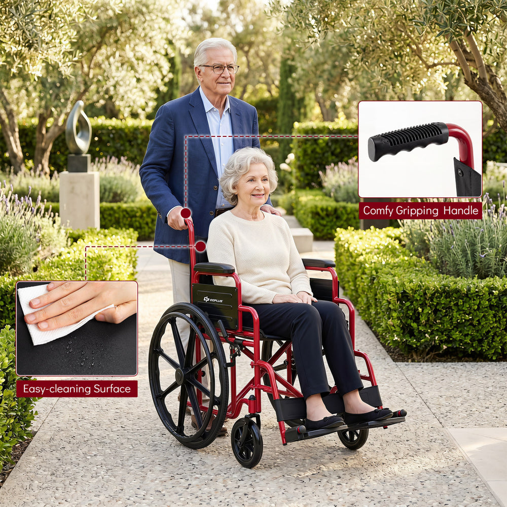 Lightweight red folding wheelchair features swing-away footrests, desk arms, and comfy gripping handles for easy mobility.