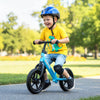 Lightweight blue toddler balance bike with adjustable seat, 11" anti-skid tires, perfect for outdoor adventures.