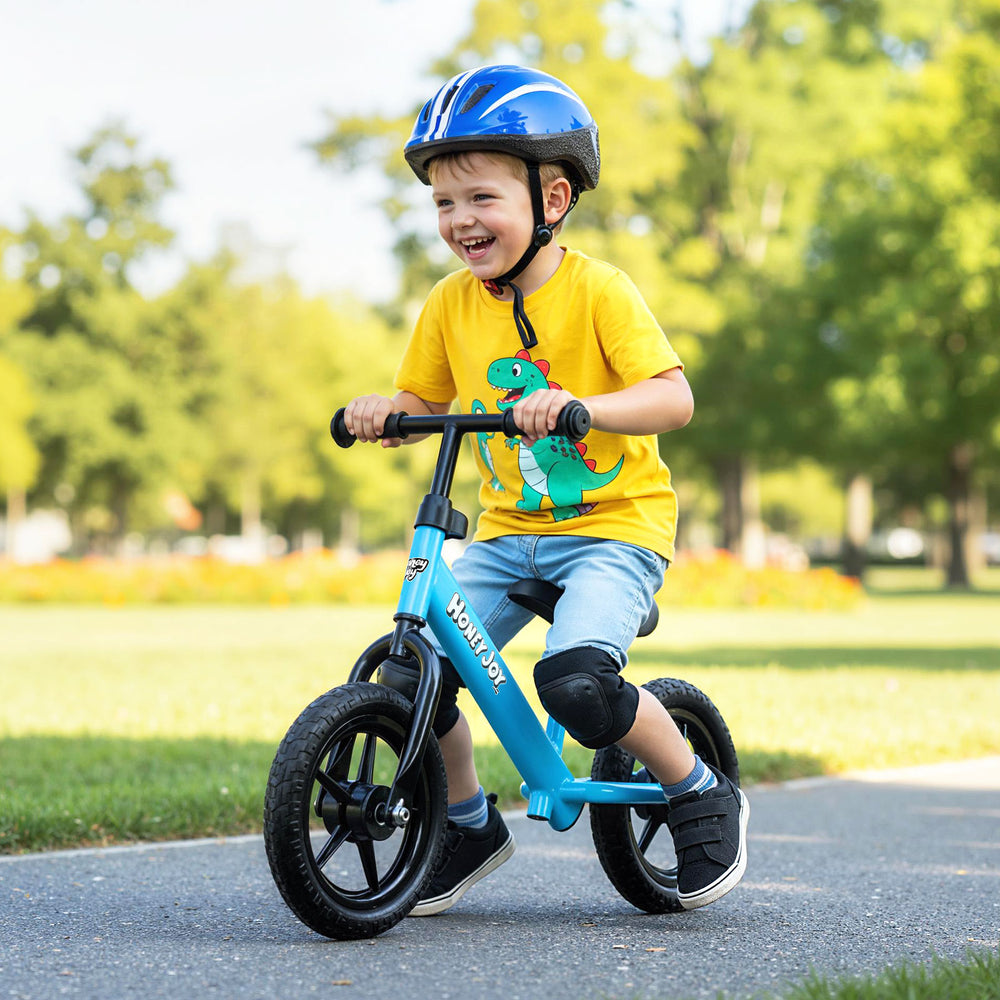Lightweight blue toddler balance bike with adjustable seat, 11" anti-skid tires, perfect for outdoor adventures.