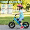 Side view of a lightweight blue toddler balance bike showcasing the adjustable handlebars and 11" anti-skid tires for.