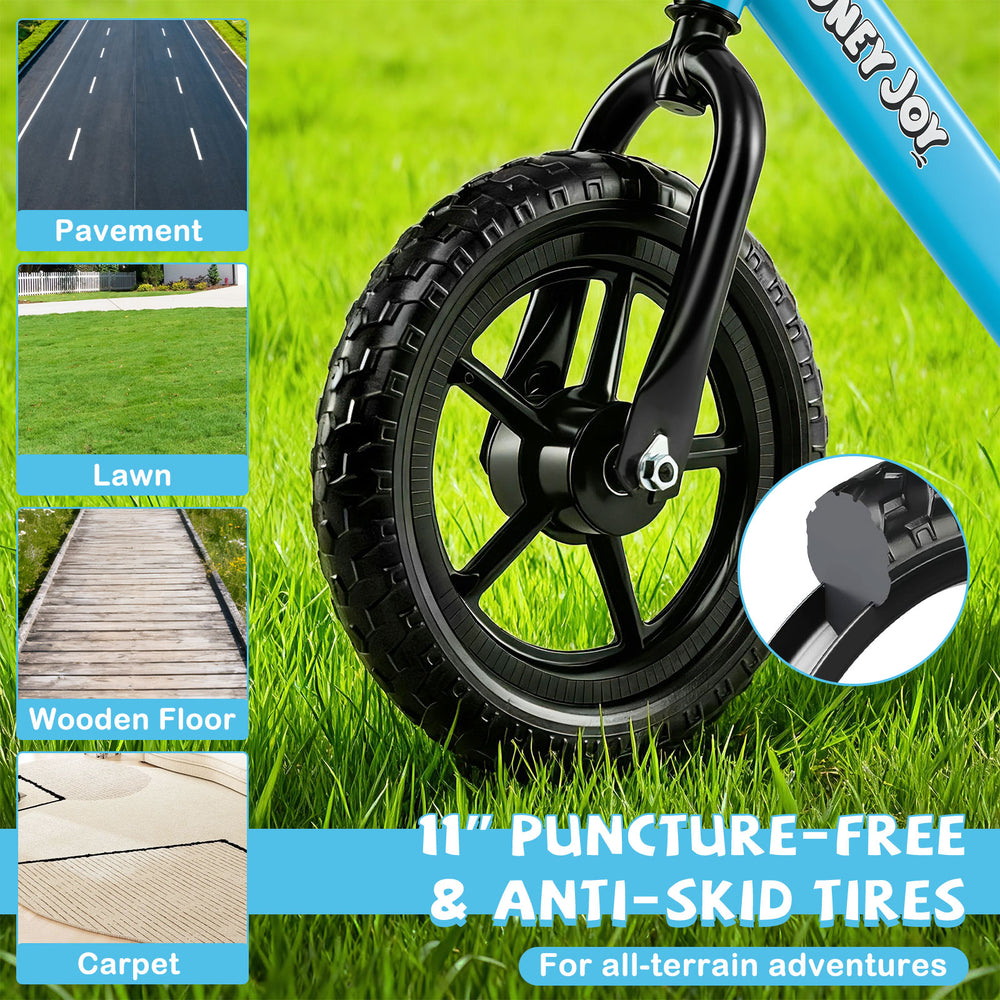 11" puncture-free anti-skid tires on a lightweight toddler balance bike, ideal for all-terrain adventures.