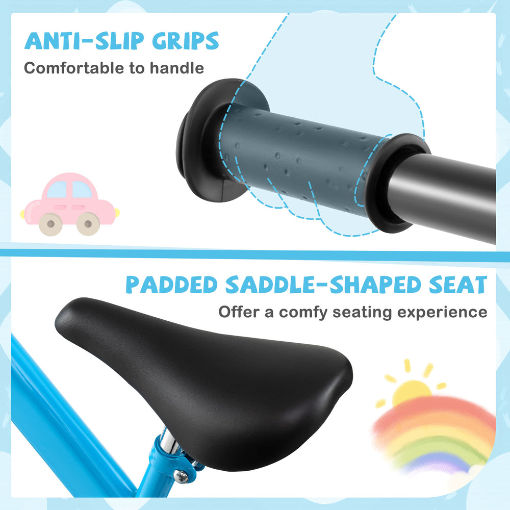 Close-up of the padded saddle-shaped seat and anti-slip grips on a lightweight toddler balance bike for comfortable.