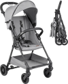 Lightweight gray travel stroller features a foldable design, extendable canopy, and under-seat storage basket for convenience.
