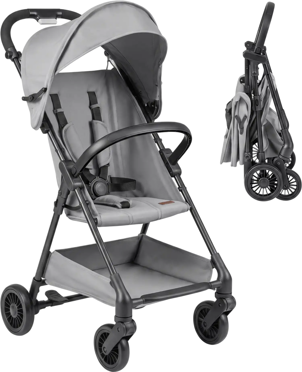 Lightweight gray travel stroller features a foldable design, extendable canopy, and under-seat storage basket for convenience.