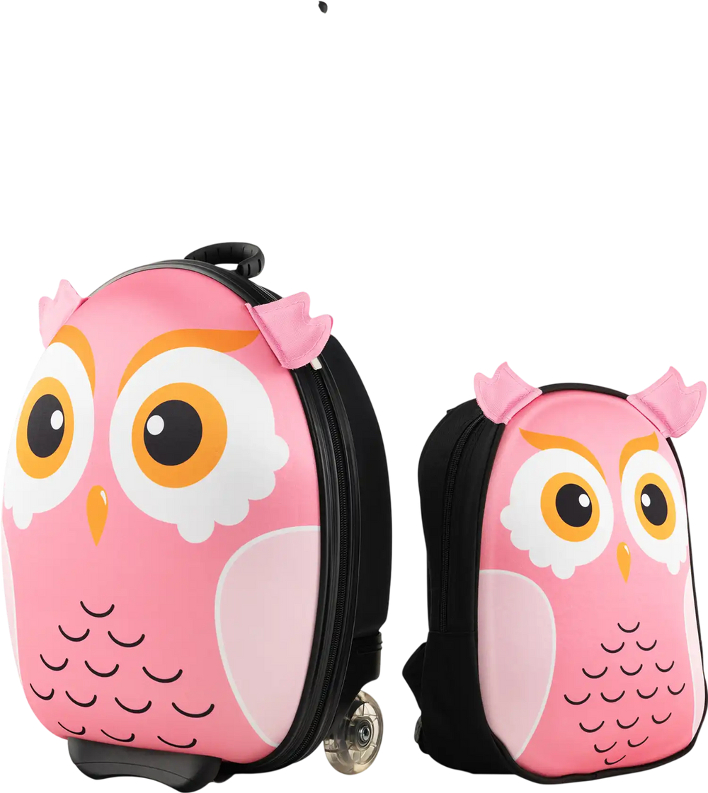 Pink owl-themed lightweight rolling suitcase and backpack set for kids, featuring durable material and adjustable.