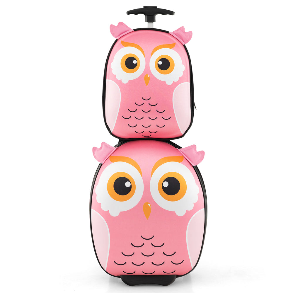 Pink owl-themed lightweight rolling suitcase set for kids, includes 16" luggage and 12" backpack, perfect for travel.