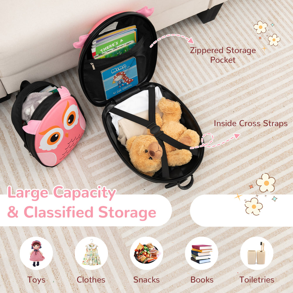 Lightweight pink rolling suitcase for children with zippered pocket and cross straps, ideal for organizing toys and.