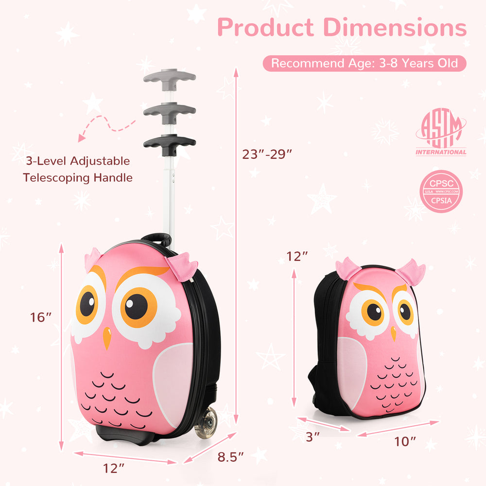 Pink owl-themed rolling suitcase for children, 16" with adjustable handle and smooth wheels, ideal for ages 3-8.
