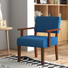 Blue linen accent chair with padded seat and ergonomic backrest, featuring a solid rubber wood frame for living room.