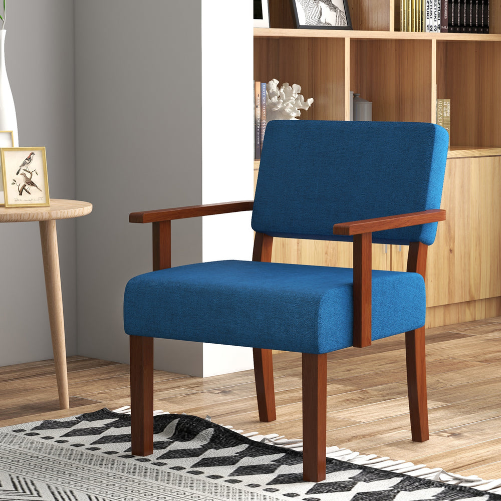 Blue linen accent chair with padded seat and ergonomic backrest, featuring a solid rubber wood frame for living room.