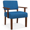 Blue linen accent chair with padded seat and backrest, featuring a solid rubber wood frame for living room comfort.